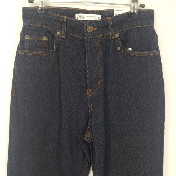 Zara New Straight Leg Jeans 2 High Rise Waist Dark Wash Denim Blue - Picture 4 of 10